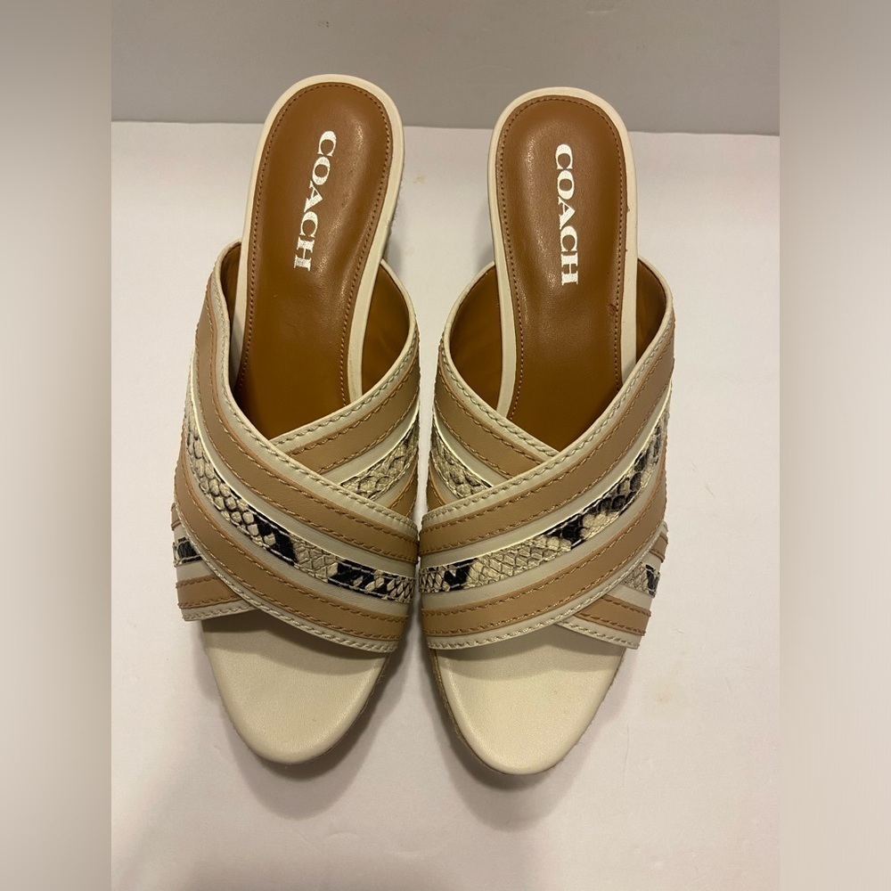 Brand New Coach Florentine Open Toe Leather Wedge Sandals Chalk Sz 10 - Picture 11 of 13
